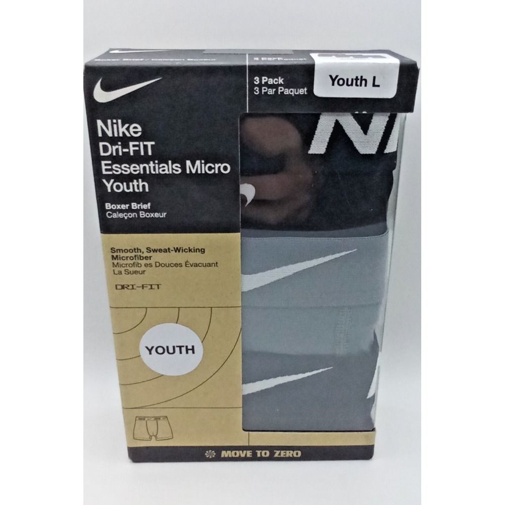 Nike Dri-FIT Essentials Micro Youth Large Boxer Briefs 3pk Black Gray New